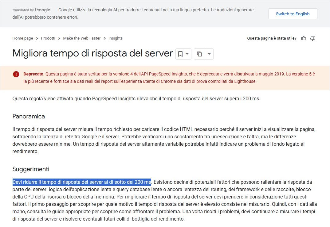 Google page “Improve server response time” («Migliora tempo di risposta del server»), marked as deprecated, with the sentence “You should reduce server response time to below 200 ms” highlighted