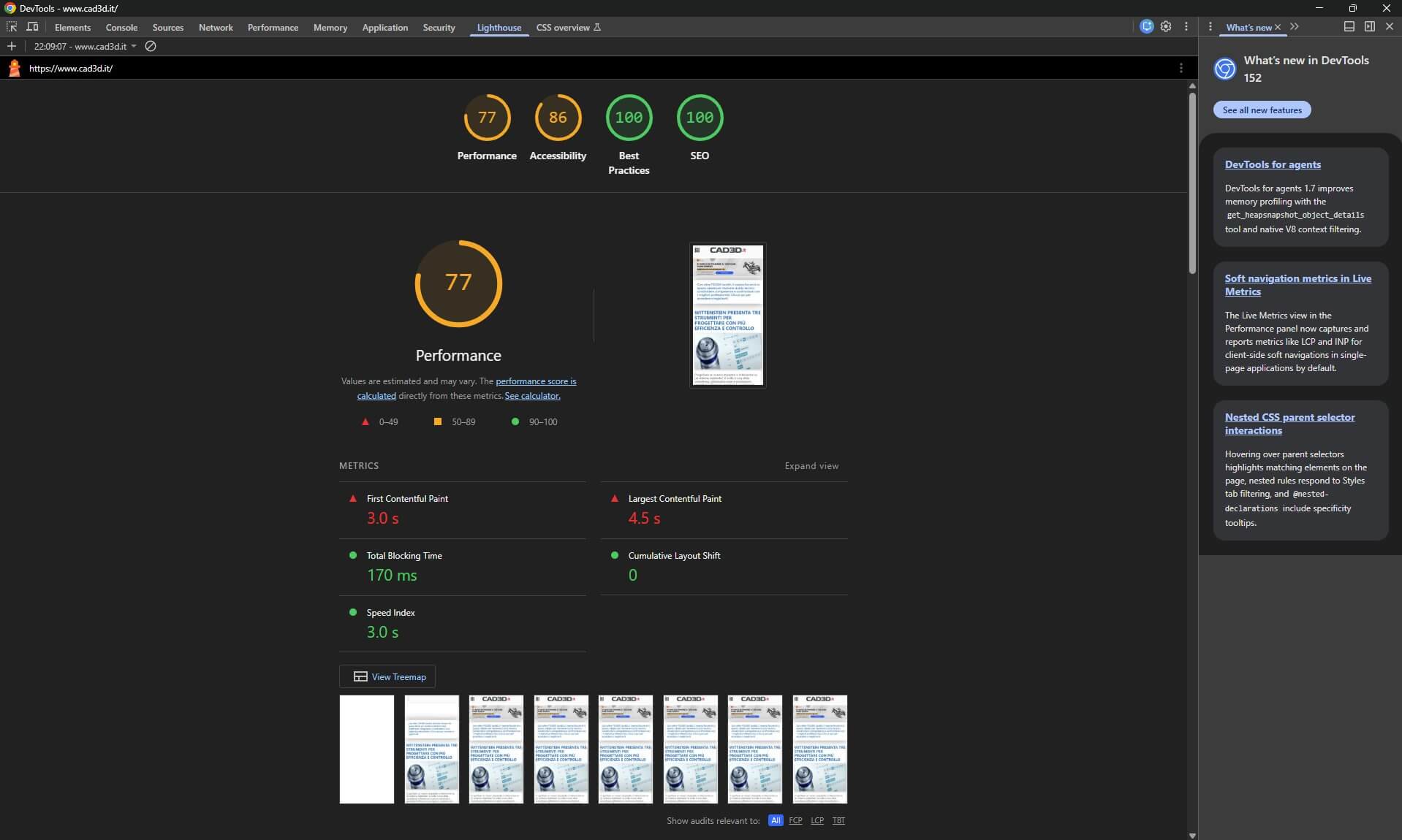 Lighthouse run from Chrome DevTools on the same page: performance 77, FCP 3.0 s, LCP 4.5 s, Total Blocking Time 170 ms, CLS 0