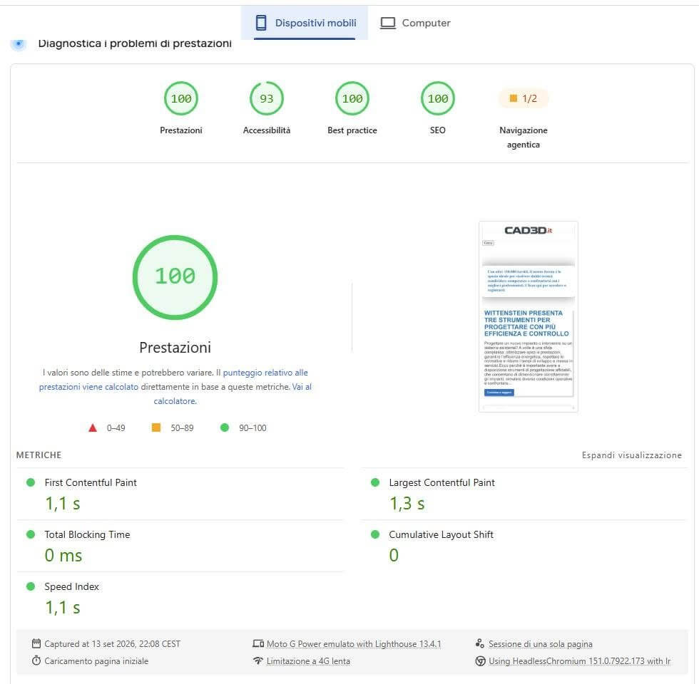 Google PageSpeed Insights mobile result: performance 100, FCP 1.1 s, LCP 1.3 s, Total Blocking Time 0 ms, CLS 0