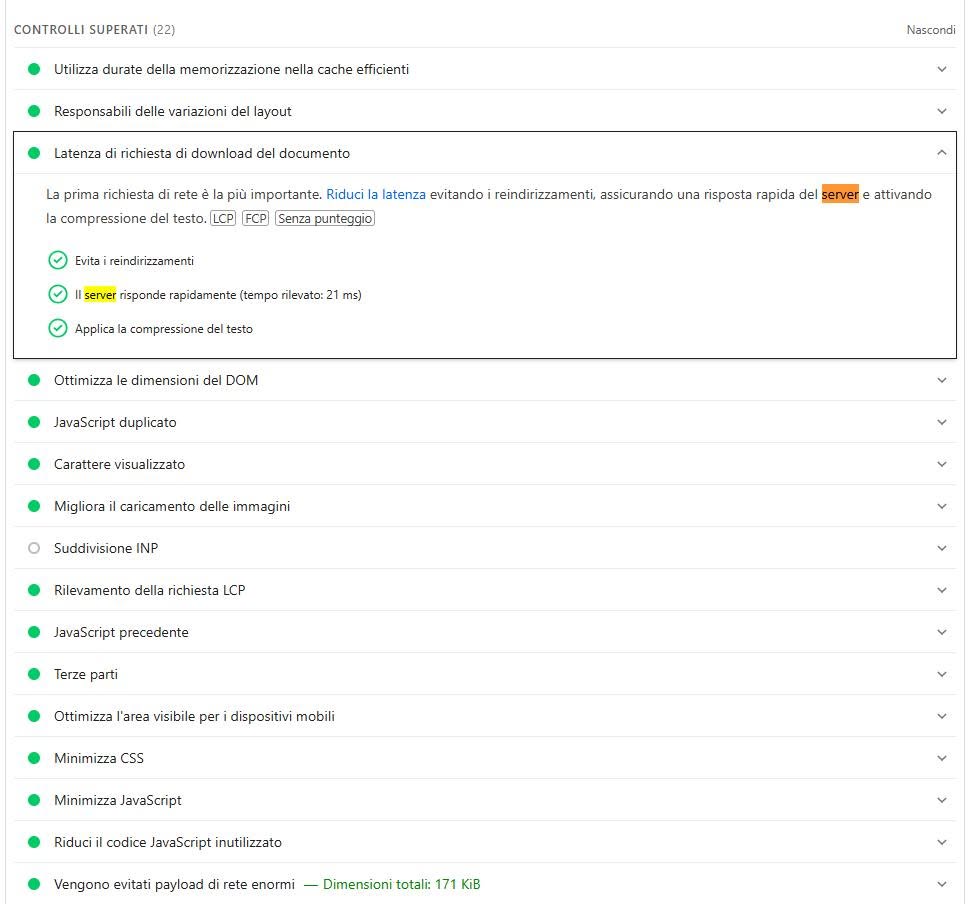 PageSpeed Insights passed audits: the server responds quickly with 21 ms detected; among the audits there is also INP breakdown (Suddivisione INP)