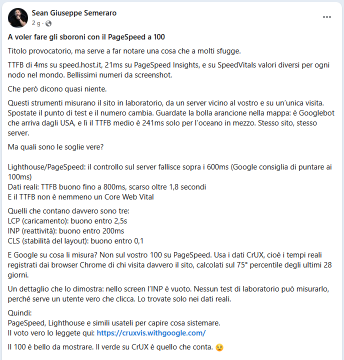 Screenshot of Sean Giuseppe Semeraro’s post titled “A voler fare gli sboroni con il PageSpeed a 100” (Showing off with a PageSpeed score of 100) in the WordPress Italia Facebook group